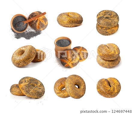 Poppy Seed Bread Set Isolated, Assorted Bagel Kaiser Rolls, Seeds Breakfast Buns Pile, Poppyseed Poppy Seed Bread Set Isolated, Assorted Bagel Kaiser Rolls, Seeds Breakfast Buns Pile, Poppyseed 124697448