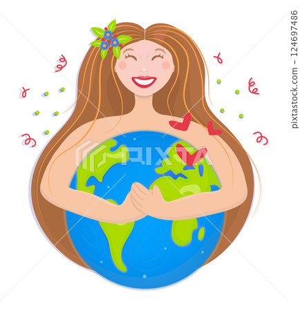 Happy redhead woman hugging planet Earth. Bright color illustration for Earth day and Environment day. Ecology concept, save and love nature Happy redhead woman hugging planet Earth. Bright color illustration for Earth day and Environment day. Ecology concept, save and love nature 124697486