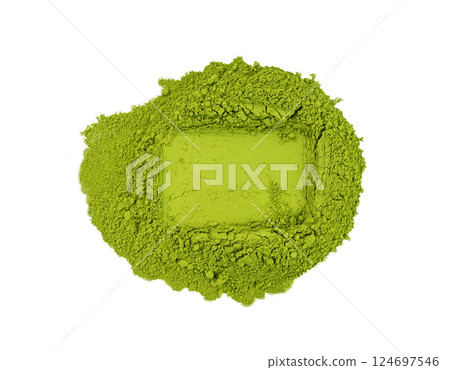 Matcha powder isolated, green tea dust pile, spirulina flour, powdered chlorella, dry extract 124697546