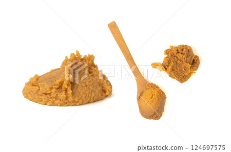 Miso paste isolated. Japanese shiro miso seasoning sauce, fermented soybean spread, brown soy cream 124697575