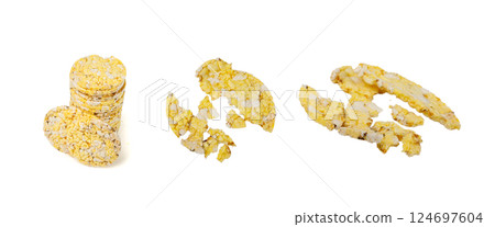 Puffed Corn Cake Isolated, Corn Diet Bread with Fragrant Herbs and Spices, Waffle with Corns, Rice, Cereal Snack Puffed Corn Cake Isolated, Corn Diet Bread with Fragrant Herbs and Spices, Waffle with Corns, Rice, Cereal Snack 124697604