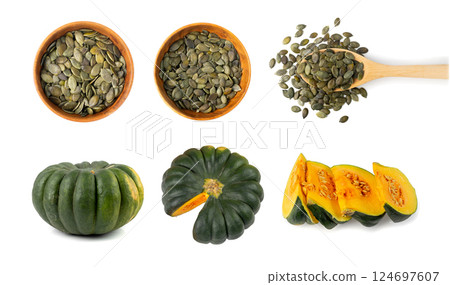 Pumpkin Seeds Isolated, Raw Pepita Grains, Scattered Green Healthy Nuts, Pumpkin Seed Group on White Pumpkin Seeds Isolated, Raw Pepita Grains, Scattered Green Healthy Nuts, Pumpkin Seed Group on White 124697607