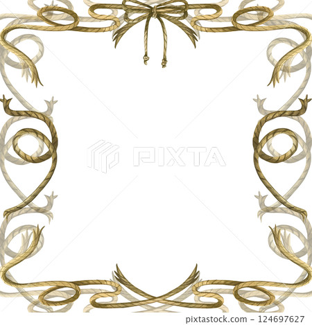 Marine themed frame made of brown ropes and twine, bow, all objects hand painted with watercolors. Watercolor illustration. Suitable for menus, postcards, flyers and invitations. 124697627