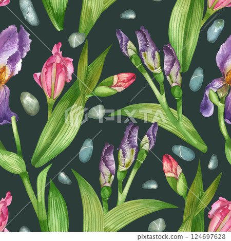 Seamless watercolor pattern. Spring flowers irises, iris buds, green leaves with dark veins. All objects are hand-drawn with watercolor. Suitable for printing on fabric, paper, for stationery. 124697628