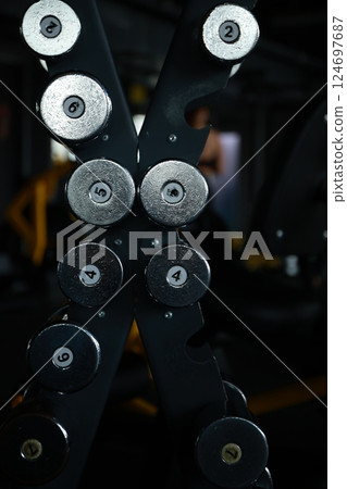 Dumbbells in Gym Close-Up View 124697687