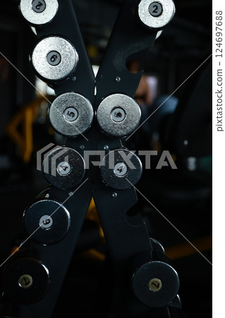 Dumbbells in Gym Close-Up View Dumbbells in Gym Close-Up View 124697688