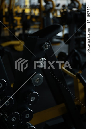 Dumbbells in Gym Close-Up View Dumbbells in Gym Close-Up View 124697704