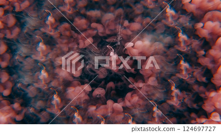 Ink splash water. Fluid cloud. Defocused purple color ethereal chemical mix flow liquid floating on abstract dark black art background. 124697727