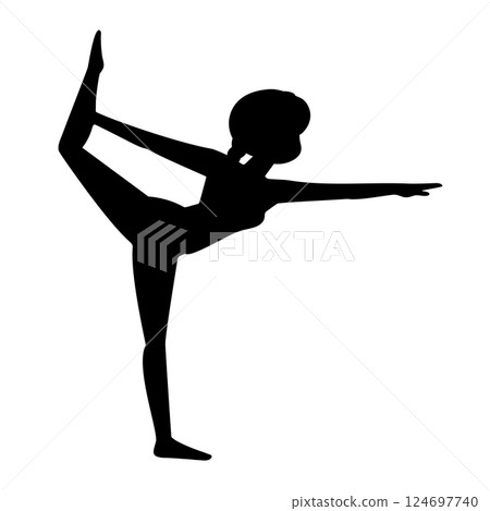 Woman in Natarajasana Pose. Yoga Silhouette Vector Illustration. A black silhouette of a woman performing the Natarajasana, or Lord of the Dance pose. 124697740