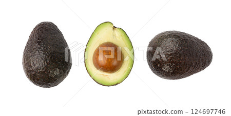Hass Avocado Half Isolated, Whole Sharwil Set, Brown Avocados Cut, Fresh Alligator Pear, Persea Americana 124697746