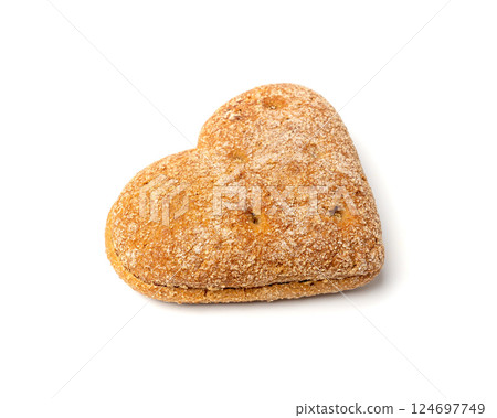 Oatmeal Bun in the Shape of a Heart Isolated, Gluten Free Flat Finnish Bread Roll 124697749