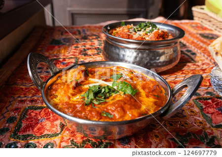 Butter paneer masala. Cottage cheese curry, hot spicy chicken korma, traditional indian food Butter paneer masala. Cottage cheese curry, hot spicy chicken korma, traditional indian food 124697779