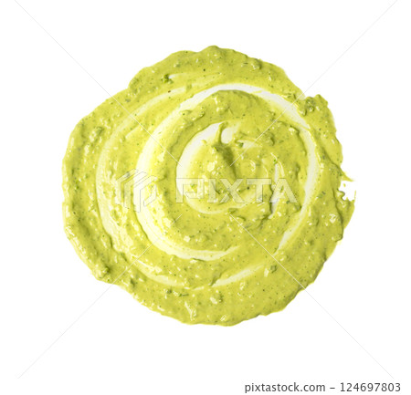 Green mojo verde sauce smear, dressing splatter drip, Canary Islands food Green mojo verde sauce smear, dressing splatter drip, Canary Islands food 124697803