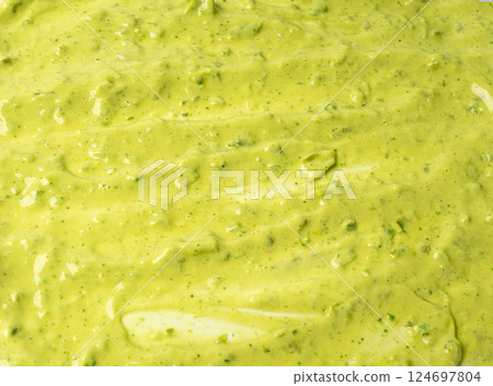 Green mojo verde sauce smear, dressing splatter drip, Canary Islands food 124697804