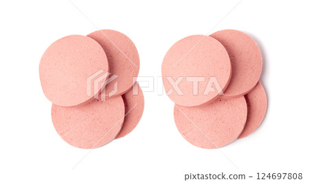 Mortadella Slice Isolated, Luncheon Meat Cut, Chicken Ham, Boiled Sausage for Breakfast 124697808