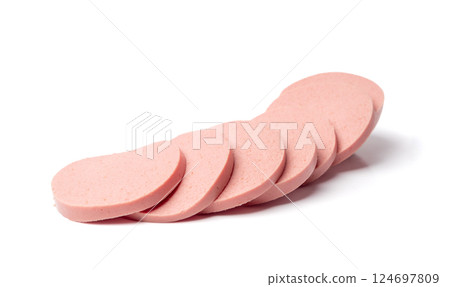 Mortadella Slice Isolated, Luncheon Meat Cut, Chicken Ham, Boiled Sausage for Breakfast Mortadella Slice Isolated, Luncheon Meat Cut, Chicken Ham, Boiled Sausage for Breakfast 124697809