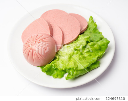 Mortadella Slice Isolated, Luncheon Meat Cut, Chicken Ham, Boiled Sausage for Breakfast Mortadella Slice Isolated, Luncheon Meat Cut, Chicken Ham, Boiled Sausage for Breakfast 124697810