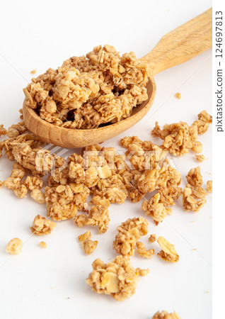 Granola, Muesli Breakfast, Crunchy Cereal Breakfast, Oatmeal Muesli with Seeds and Grains, Healthy Diet 124697813