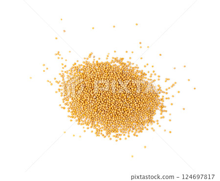 Mustard seeds isolated, dry yellow sinapis alba grains, mostarde balls on white background Mustard seeds isolated, dry yellow sinapis alba grains, mostarde balls on white background 124697817