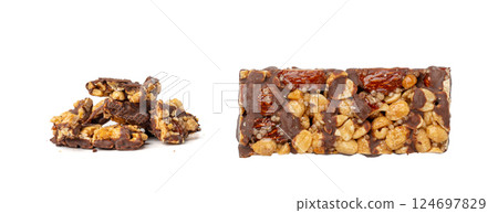 Nut Bar Isolated, Energy Snack with Nuts, Chocolate Muesli Dessert, Protein Candy Bar, Fitness Breakfast 124697829