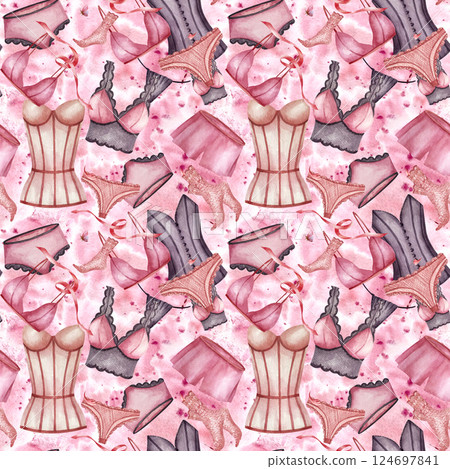 Women underwear, lace socks, Corset and pyjamas, panties. Seamless pattern. Illustration isolated on pink watercolor spot. Background for wrapping paper, packaging in lingerie store, business card 124697841