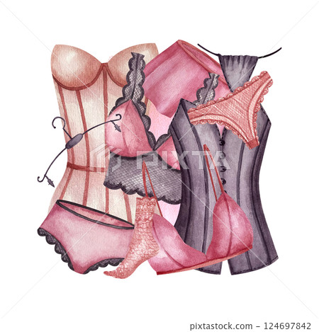 Pink purple lingerie, lace socks, women pyjamas. Watercolor illustration isolated on white. Logo, leaflets, booklets, postcards, packaging in underwear stores. Composition arrangement with lingerie 124697842