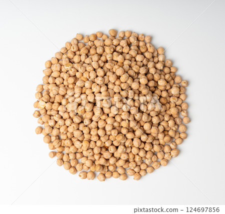 Chickpea, chick pea pile, dry Cicer arietinum fruits, raw Bengal gram legume, garbanzo beans 124697856