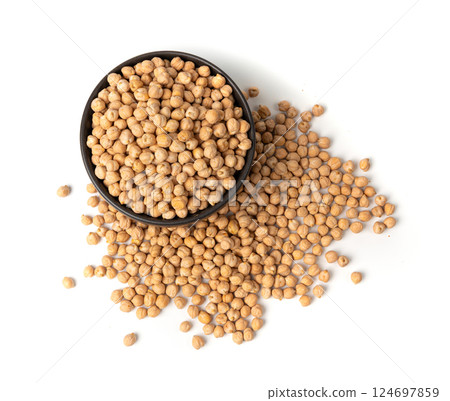 Chickpea, chick pea pile, dry Cicer arietinum fruits, raw Bengal gram legume, garbanzo beans 124697859