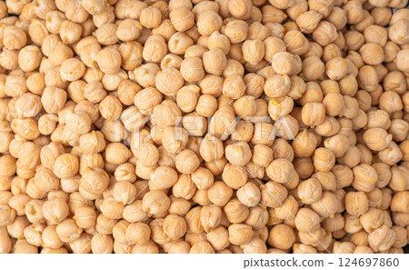 Chickpea, chick pea pile, dry Cicer arietinum fruits, raw Bengal gram legume, garbanzo beans 124697860