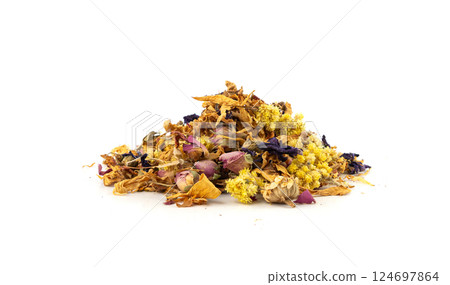 Dried edible flowers mix, Helichrysum arenarium, dwarf everlast, medical herb tea pile isolated 124697864