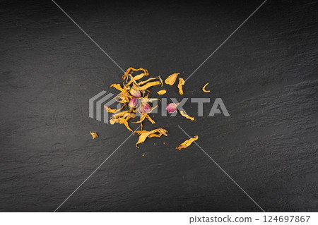 Dried edible flowers mix, Helichrysum arenarium pile, dwarf everlast petals, medical herb tea pile Dried edible flowers mix, Helichrysum arenarium pile, dwarf everlast petals, medical herb tea pile 124697867