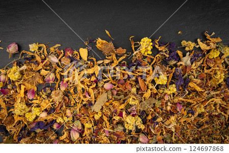 Dried edible flowers mix, Helichrysum arenarium pile, dwarf everlast petals, medical herb tea pile 124697868