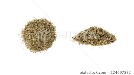 Dry thyme isolated, dried marjoram, oregano pile, ground crushed thyme seasoning, thyme leaves Dry thyme isolated, dried marjoram, oregano pile, ground crushed thyme seasoning, thyme leaves 124697882