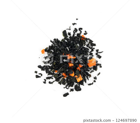 Dry kelp seaweed squares, mini wakame pieces isolated, dried kombu and carrot flakes from ramen 124697890