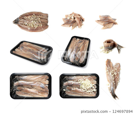 Dutch herring packaging isolated, salted fish meat fillet, traditional maatjes, raw atlantic herring, matias Dutch herring packaging isolated, salted fish meat fillet, traditional maatjes, raw atlantic herring, matias 124697894