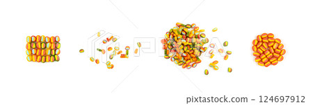 Round gummy candy piles set isolated. Small chewing colorful jellybeans, marmalade cuts, pills Round gummy candy piles set isolated. Small chewing colorful jellybeans, marmalade cuts, pills 124697912