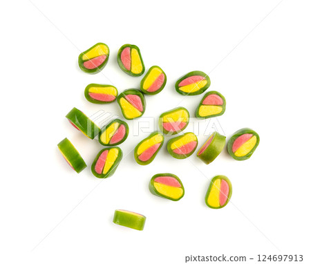 Round gummy candy piles set isolated. Small chewing colorful jellybeans, marmalade cuts, pills Round gummy candy piles set isolated. Small chewing colorful jellybeans, marmalade cuts, pills 124697913