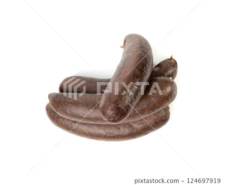 Black pudding isolated, blood sausage kaszanka, traditional Polish terrine, brawn sausages on white Black pudding isolated, blood sausage kaszanka, traditional Polish terrine, brawn sausages on white 124697919