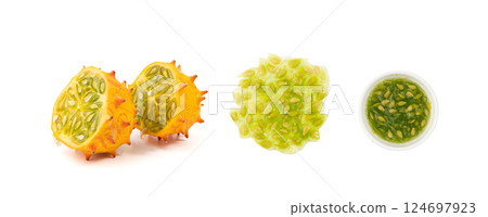 Kiwano cuts isolated, jelly melon halves, cucumis metuliferus, horned melon, african horned cucumber Kiwano cuts isolated, jelly melon halves, cucumis metuliferus, horned melon, african horned cucumber 124697923
