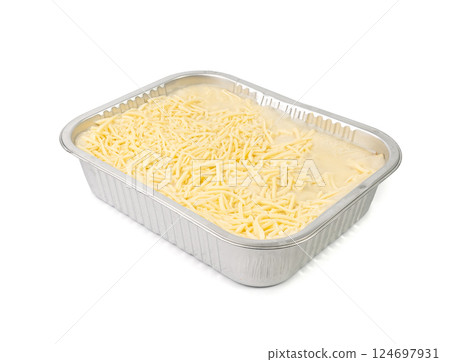 Lasagna portion in aluminium foil tray isolated. Oven baked lasagne for heating, container, airplane food 124697931