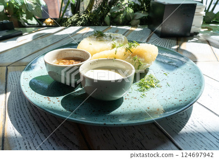 Lithuanian potato dumplings, cepelinai pancakes or kolduny, meat stuffed draniki, traditional didzkukuliai 124697942