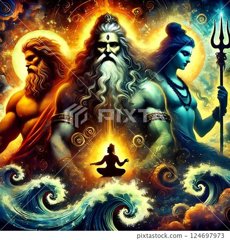 partnership between zeus, odin and shiva 124697973