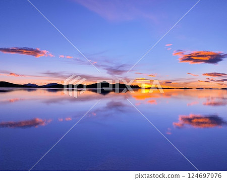Sunset sky clouds reflected in calm lake water  124697976