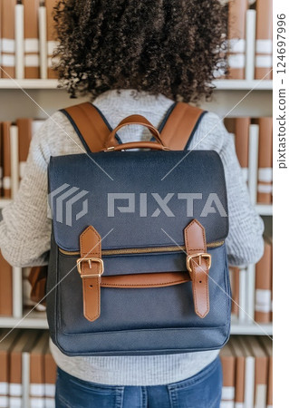 Back view of a female student with backpack in a library. A thoughtful female student gazes at the bookshelves, her backpack hinting at her dedication to education. 124697996
