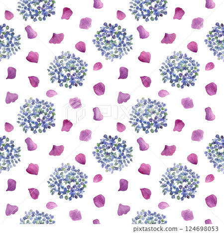 Hydrangea flowers pattern. Watercolor of blue purple flowers and pink petals isolated on a white background. Good for postcards, invitations, greeting cards, wallpaper and textiles. 124698053