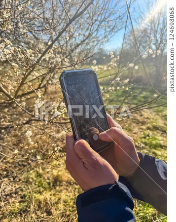Person Taking a Nature Photo with Smartphone in Sunlight, Outdoor Photography. High quality photo 124698068
