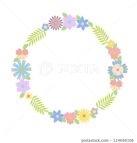 Round floral wreath of decorative whimsical flowers, leaves, simple frame design element for wedding, birthday, card, background, invitation, wallpaper, sticker, decoration 124698106