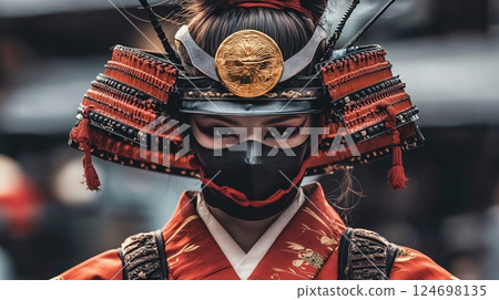 Samurai under torii gate in misty autumn forest 124698135