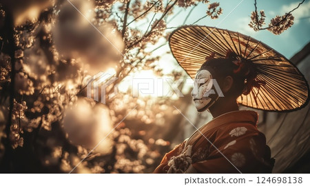 Geisha in kimono with parasol amid cherry blossoms 124698138