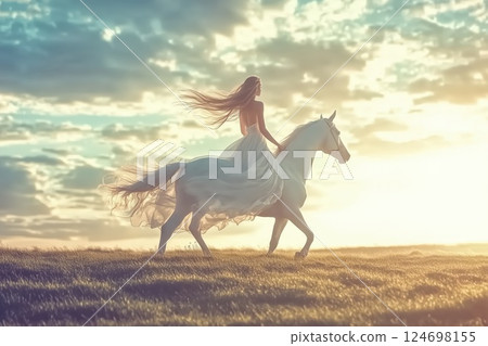 Young female on horse galloping at sunset 124698155